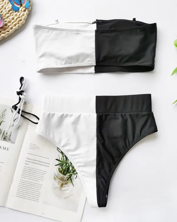 New Bandeau Cut Out Buckle High Waisted ColorBlock Bikini Sets