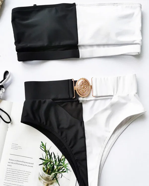 New Bandeau Cut Out Buckle High Waisted ColorBlock Bikini Sets