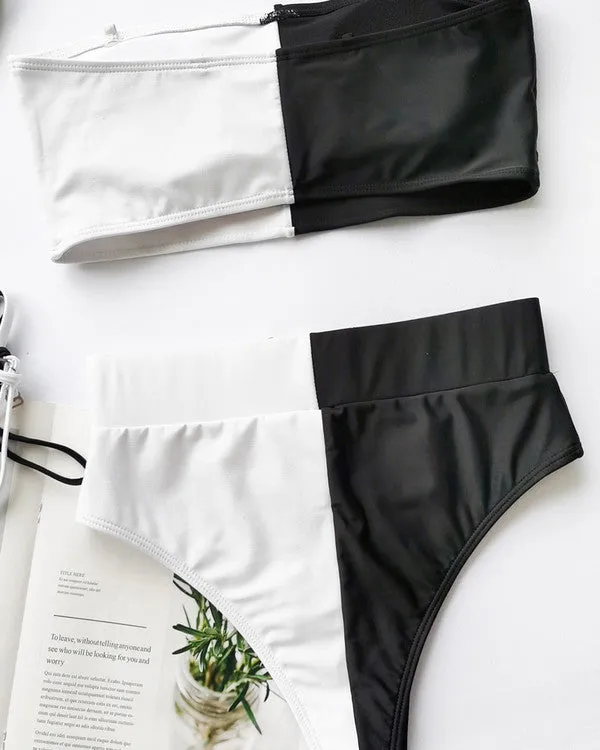 New Bandeau Cut Out Buckle High Waisted ColorBlock Bikini Sets