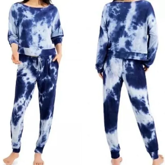 New JENNI Women's Tie-Dyed Loungewear Set,  pant sweater, navy blue size XXL