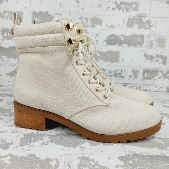 New New Michael Kors Light Cream Combat Textile Ankle Boots W381