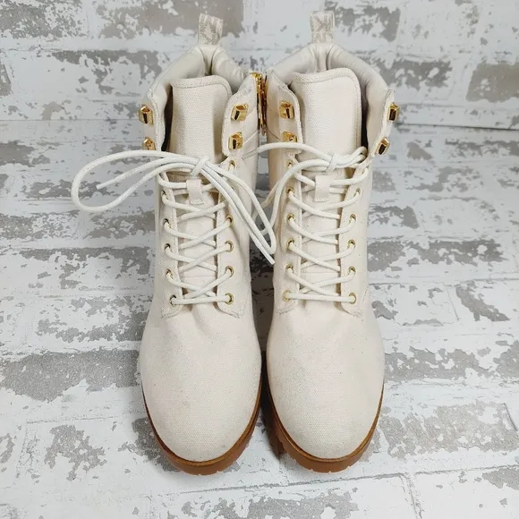 New New Michael Kors Light Cream Combat Textile Ankle Boots W381