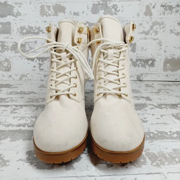 New New Michael Kors Light Cream Combat Textile Ankle Boots W381