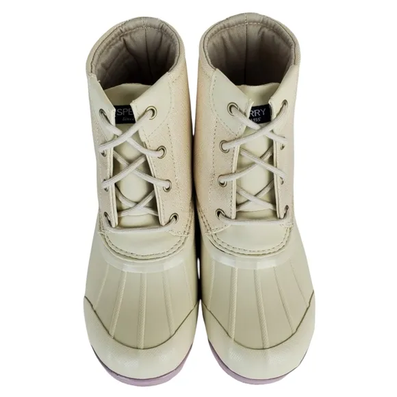New Sperry girls port waterproof lace up rain duck boots off white lavender