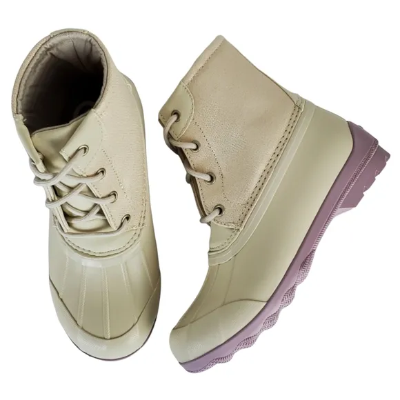 New Sperry girls port waterproof lace up rain duck boots off white lavender