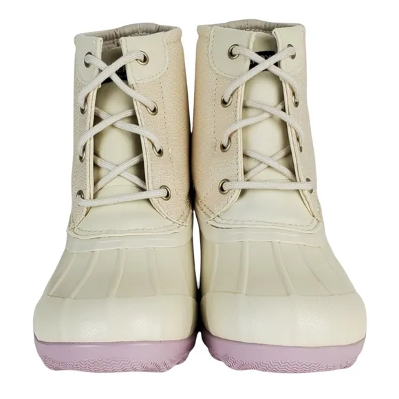 New Sperry girls port waterproof lace up rain duck boots off white lavender