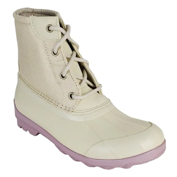 New Sperry girls port waterproof lace up rain duck boots off white lavender