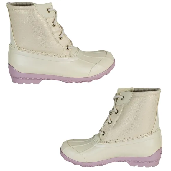 New Sperry girls port waterproof lace up rain duck boots off white lavender