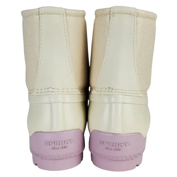 New Sperry girls port waterproof lace up rain duck boots off white lavender