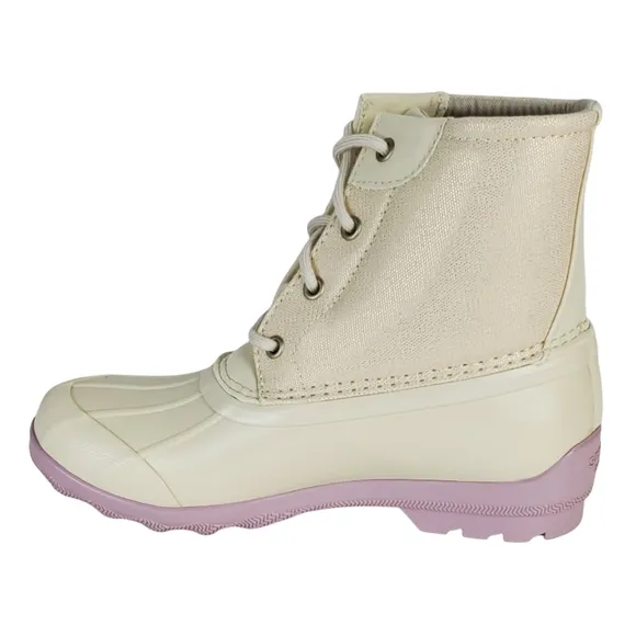 New Sperry girls port waterproof lace up rain duck boots off white lavender