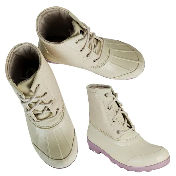 New Sperry girls port waterproof lace up rain duck boots off white lavender
