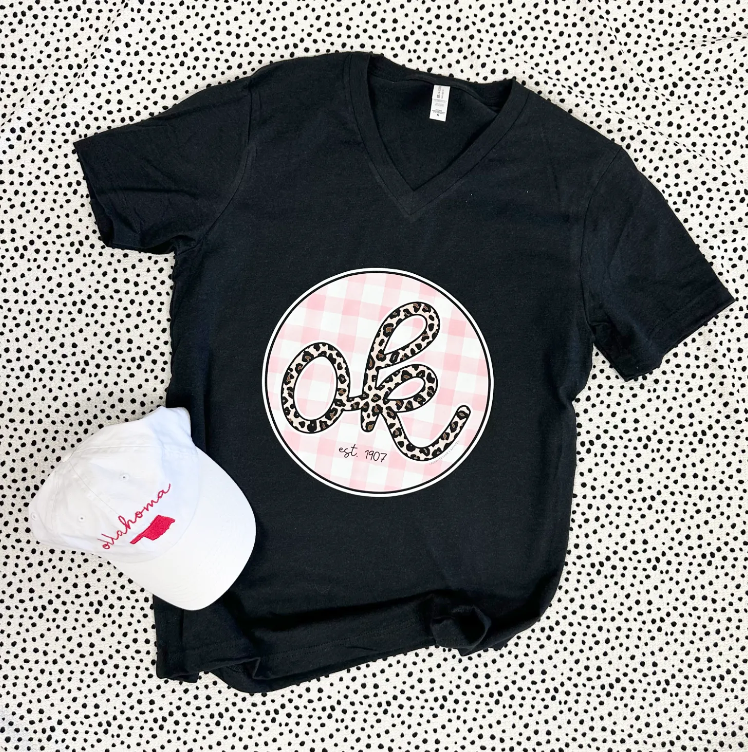 OKLAHOMA 2025: OK Leopard & Pink Check Circle - BELLA CANVAS VNECK