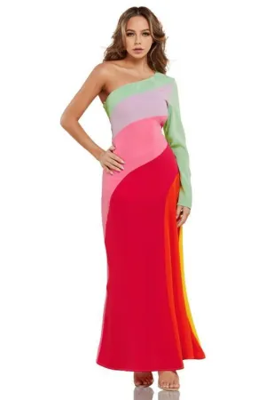 PASTEL COLORBLOCK MAXI DRESS 1 SHOULDER SLEEVE