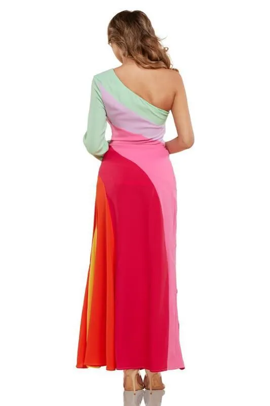 PASTEL COLORBLOCK MAXI DRESS 1 SHOULDER SLEEVE