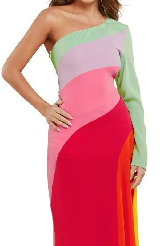 PASTEL COLORBLOCK MAXI DRESS 1 SHOULDER SLEEVE