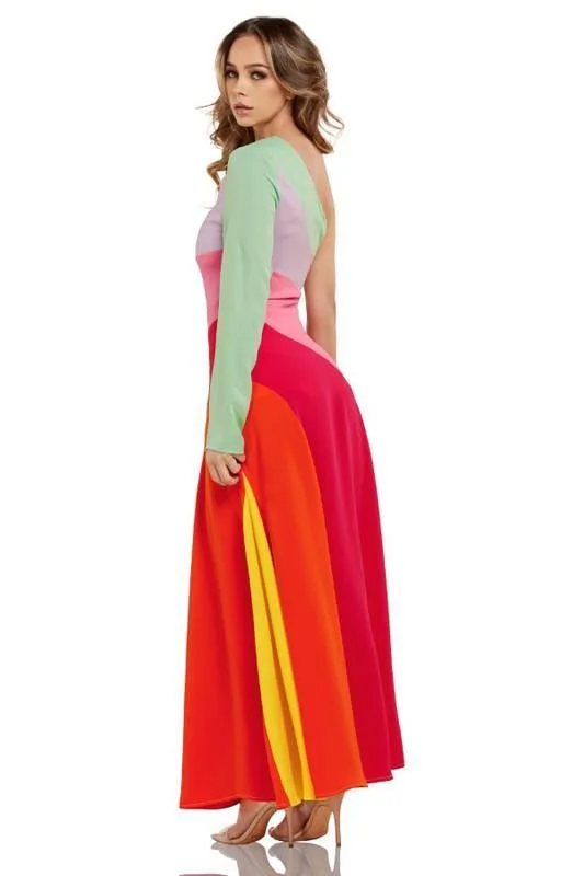 PASTEL COLORBLOCK MAXI DRESS 1 SHOULDER SLEEVE