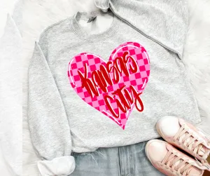 Pink Checkered Kansas City Heart Ash Sweatshirt or Tee