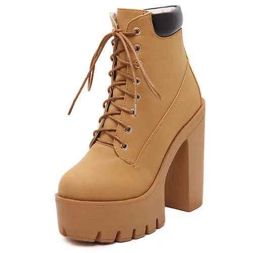 Platform Ankle Boots Women Lace Up Thick Heel Martin Boots Ladies Worker Boots Black Size 35-39
