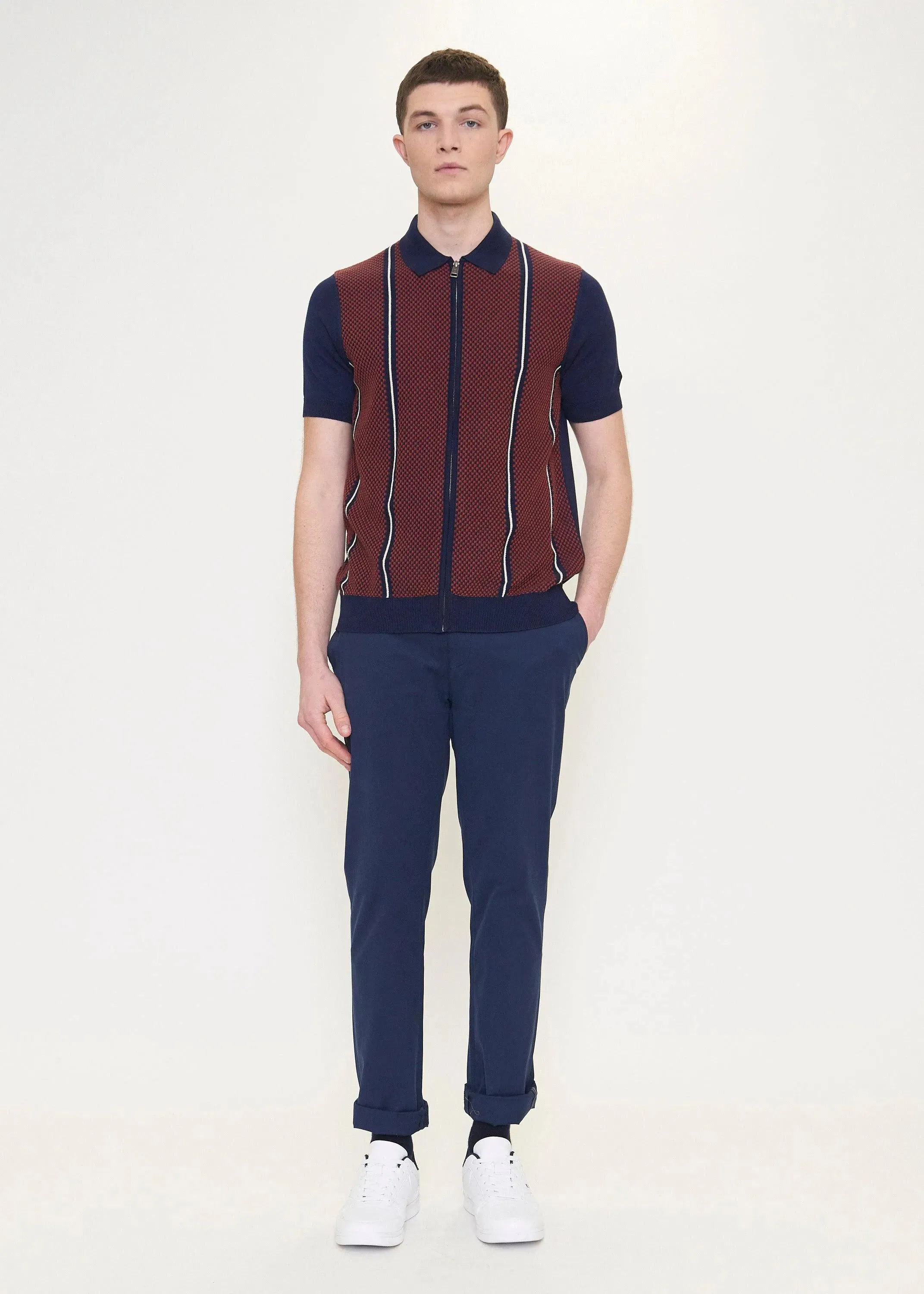 Polo Jacquard De Manga Corta Con Cremallera Y Punto - Marine