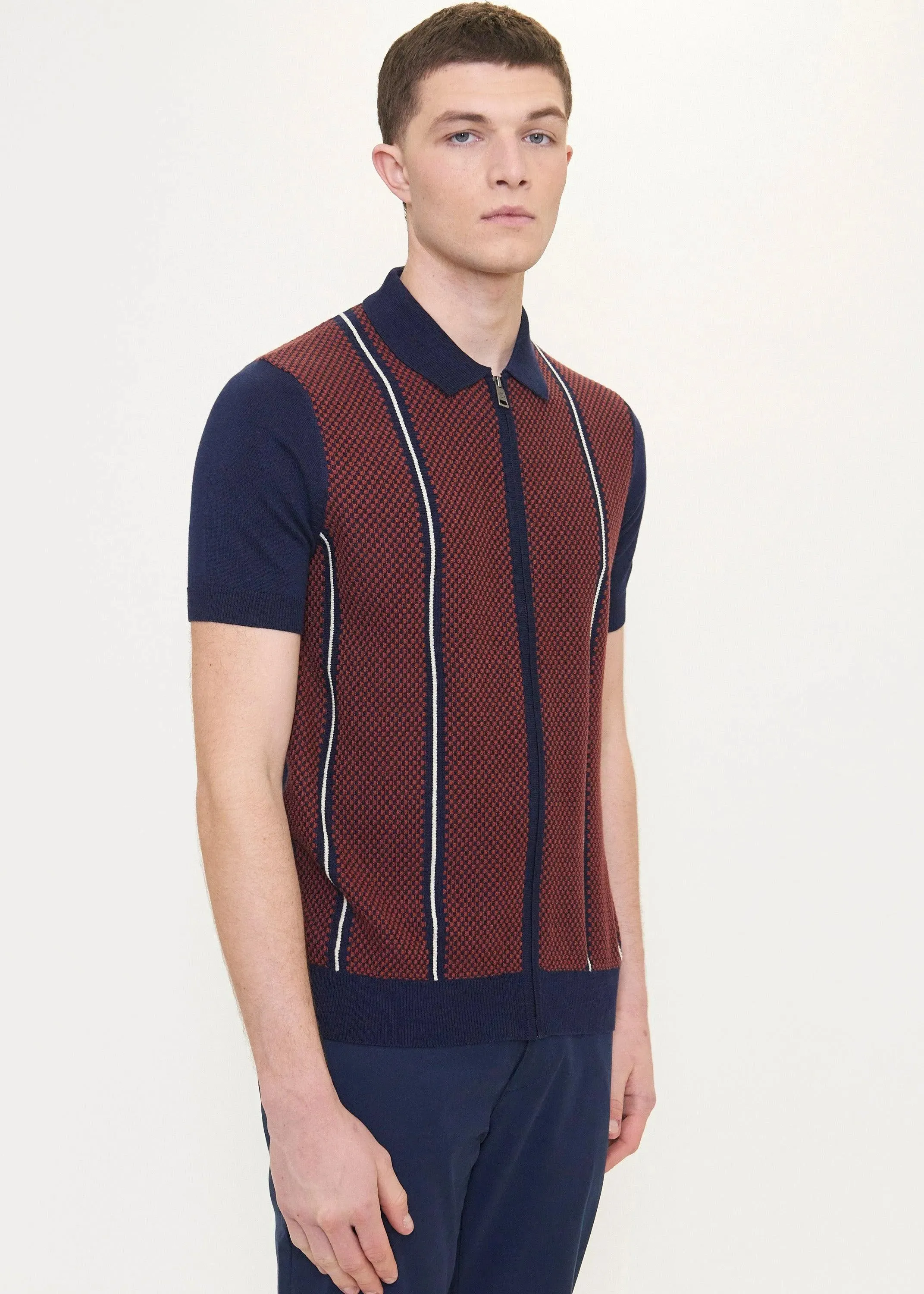 Polo Jacquard De Manga Corta Con Cremallera Y Punto - Marine