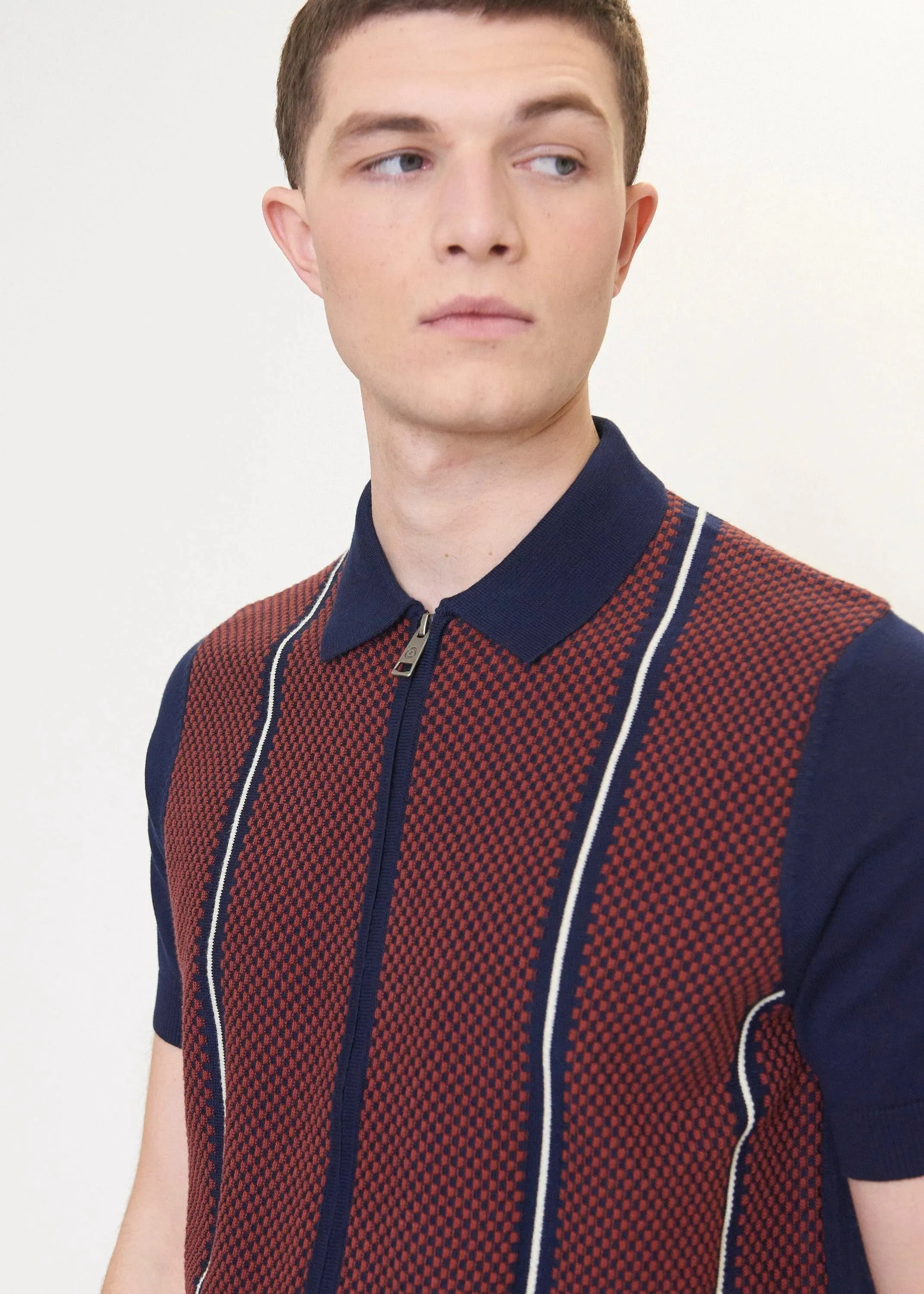 Polo Jacquard De Manga Corta Con Cremallera Y Punto - Marine