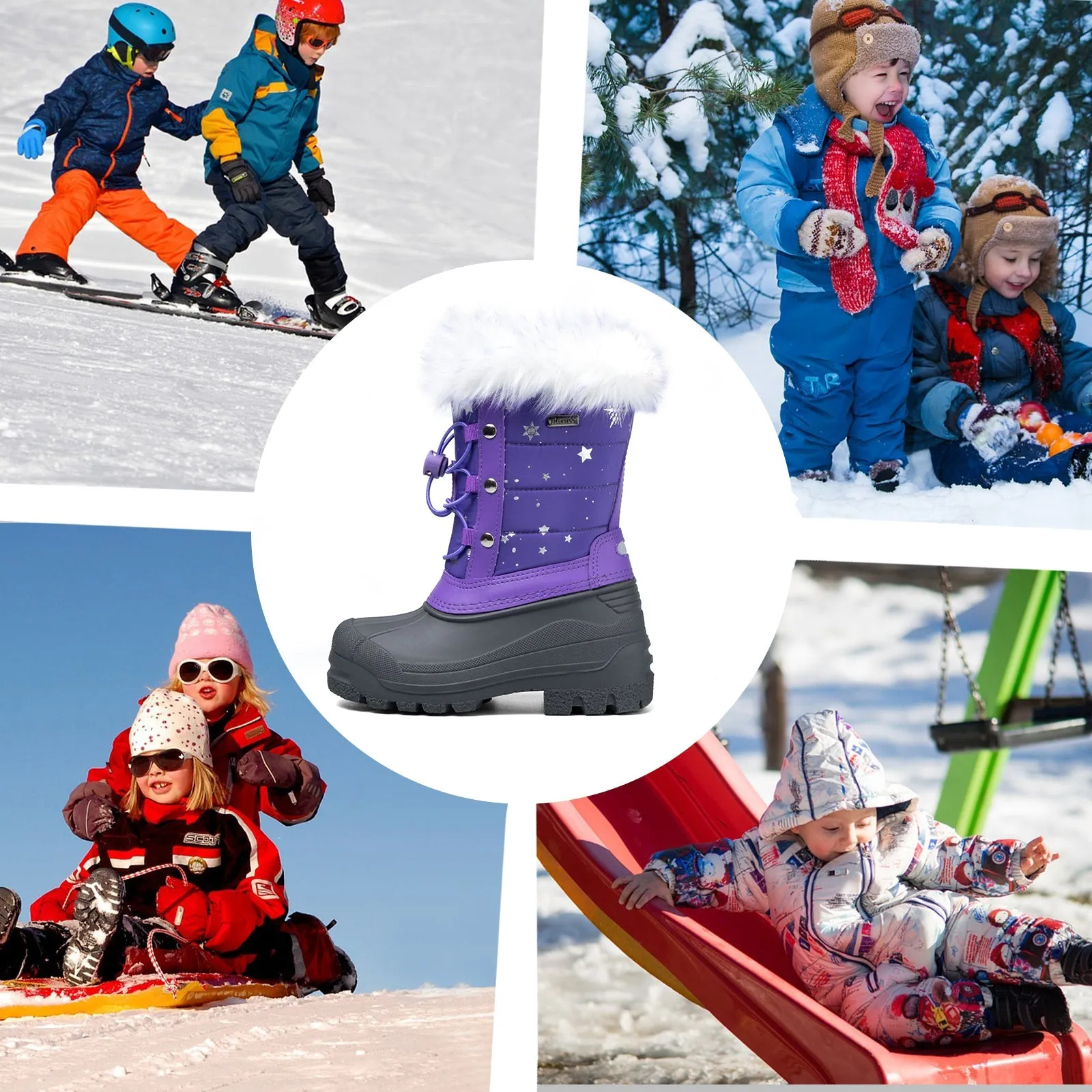 Purple Fur Collar Glitter Stars Waterproof Snow Boots