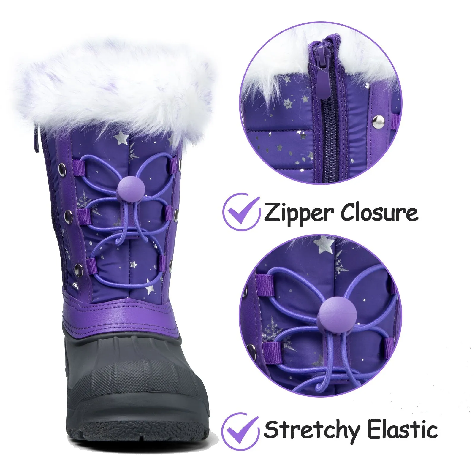 Purple Fur Collar Glitter Stars Waterproof Snow Boots