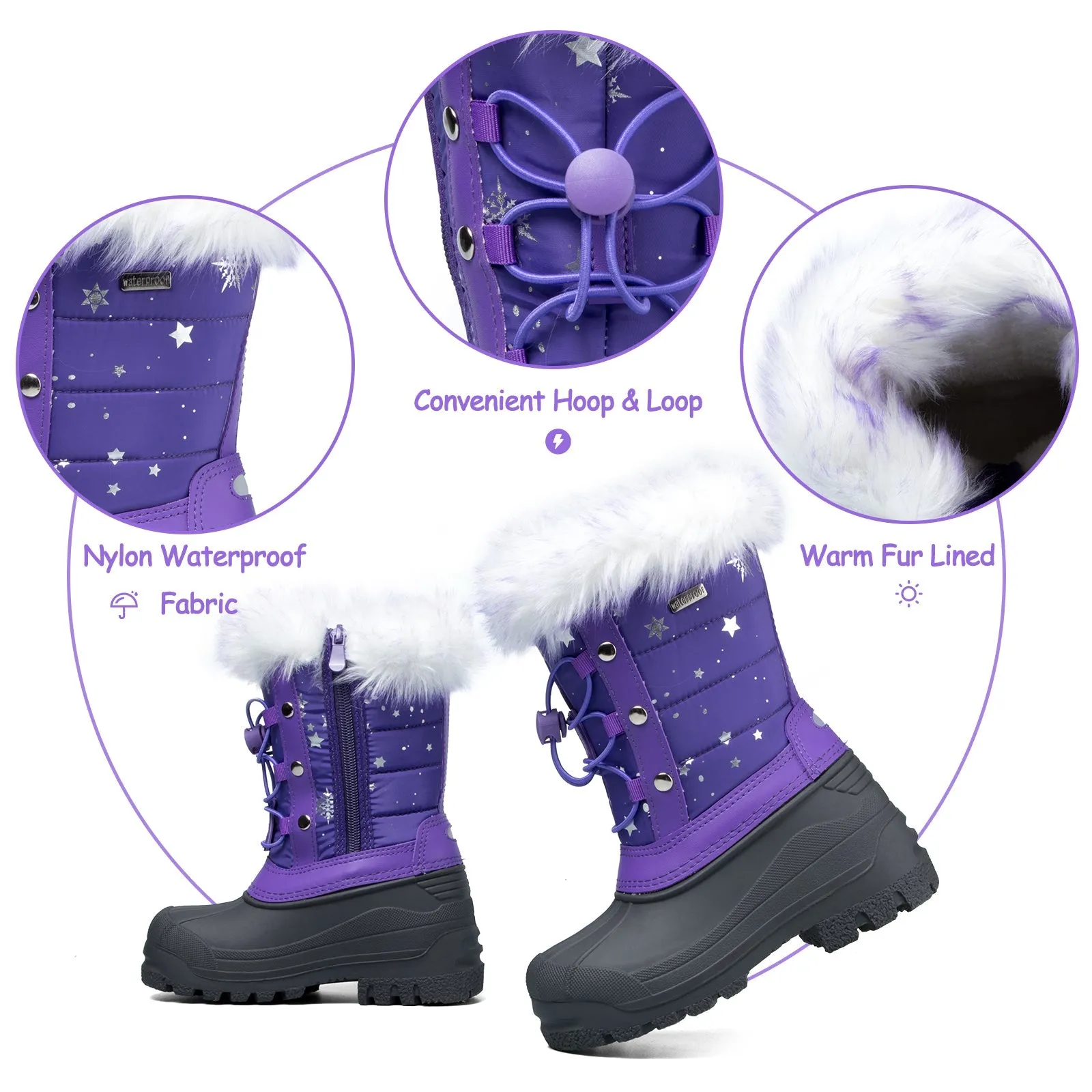 Purple Fur Collar Glitter Stars Waterproof Snow Boots