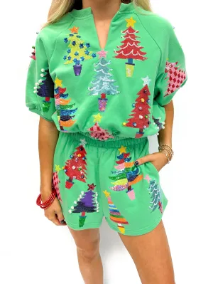 Queen of Sparkles Green Colorblock Trees Shorts - Green