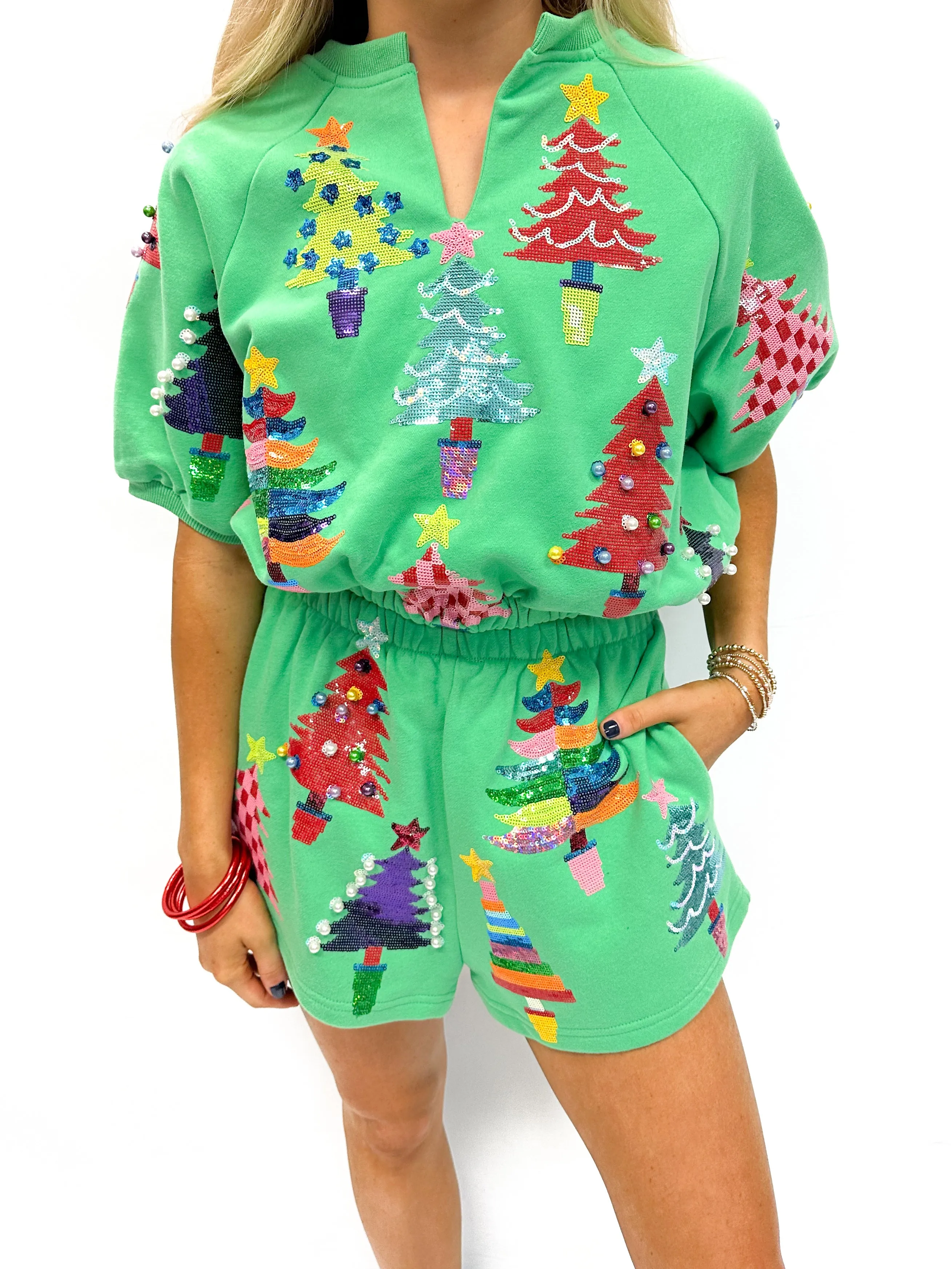 Queen of Sparkles Green Colorblock Trees Shorts - Green
