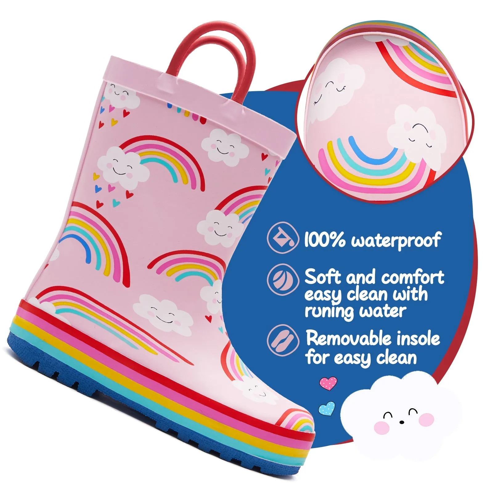 Rainbow Cloud Waterproof Pink Rubber Rain Boots