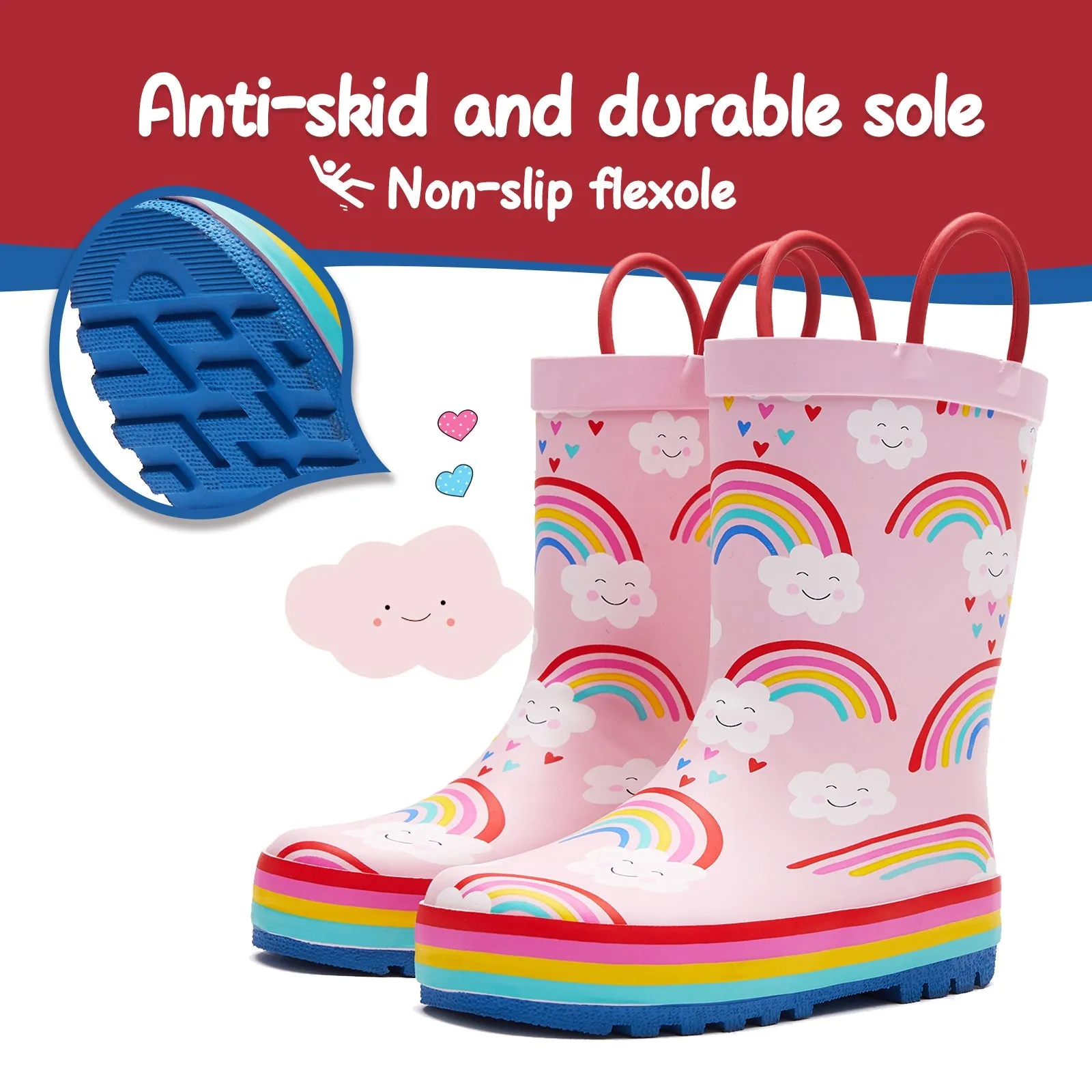 Rainbow Cloud Waterproof Pink Rubber Rain Boots