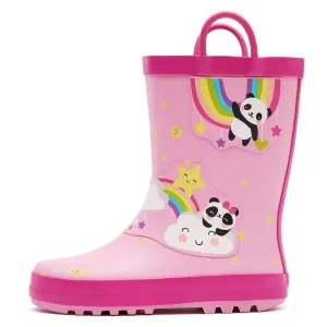 Rainbow Panda Waterproof Pink Rubber Rain Boots