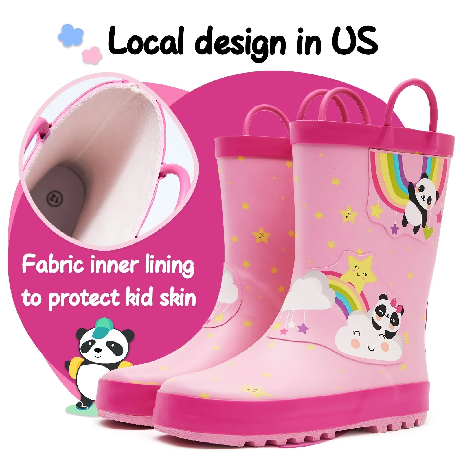 Rainbow Panda Waterproof Pink Rubber Rain Boots