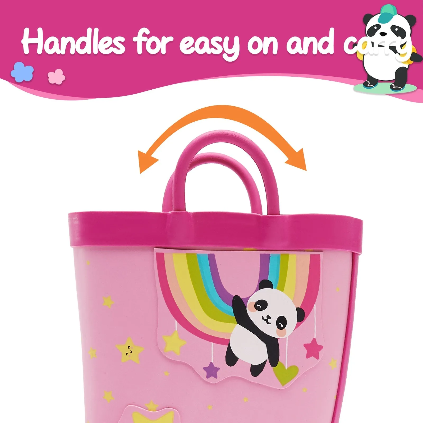 Rainbow Panda Waterproof Pink Rubber Rain Boots