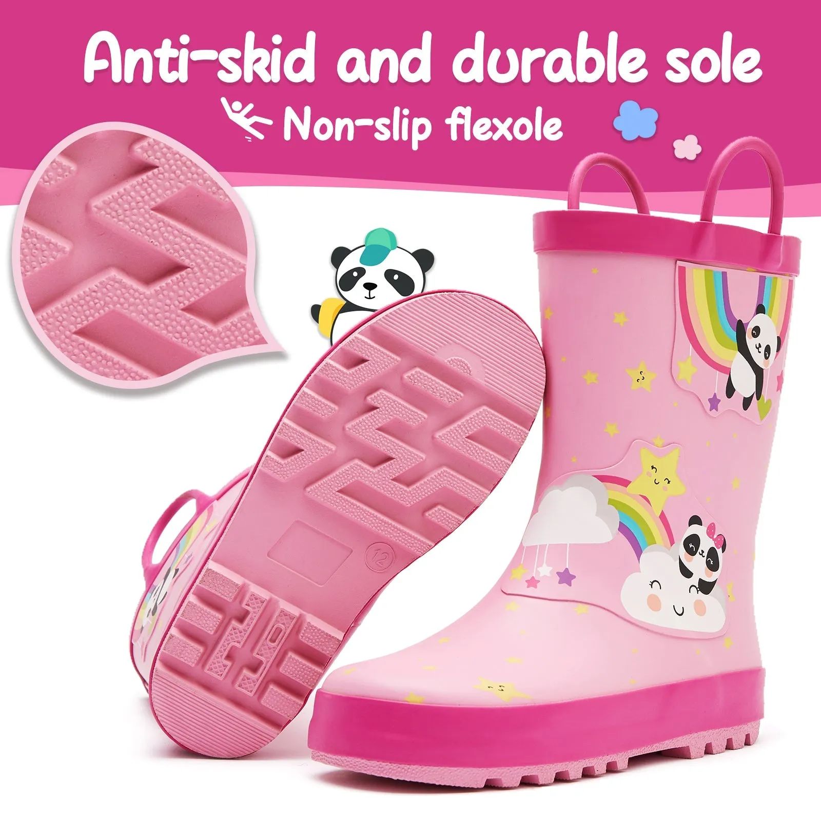 Rainbow Panda Waterproof Pink Rubber Rain Boots