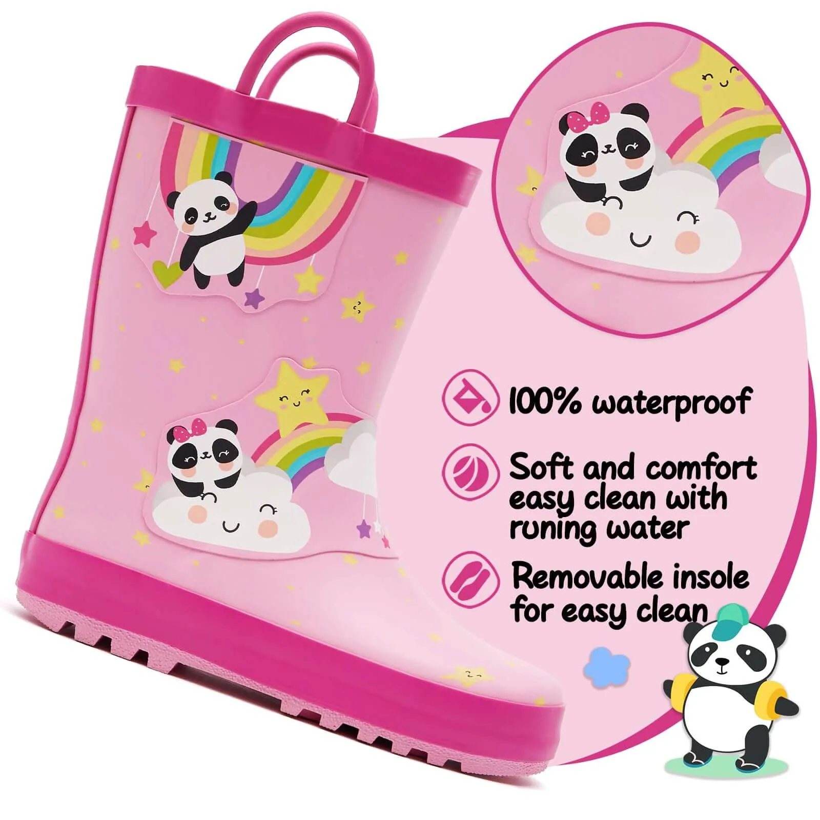 Rainbow Panda Waterproof Pink Rubber Rain Boots