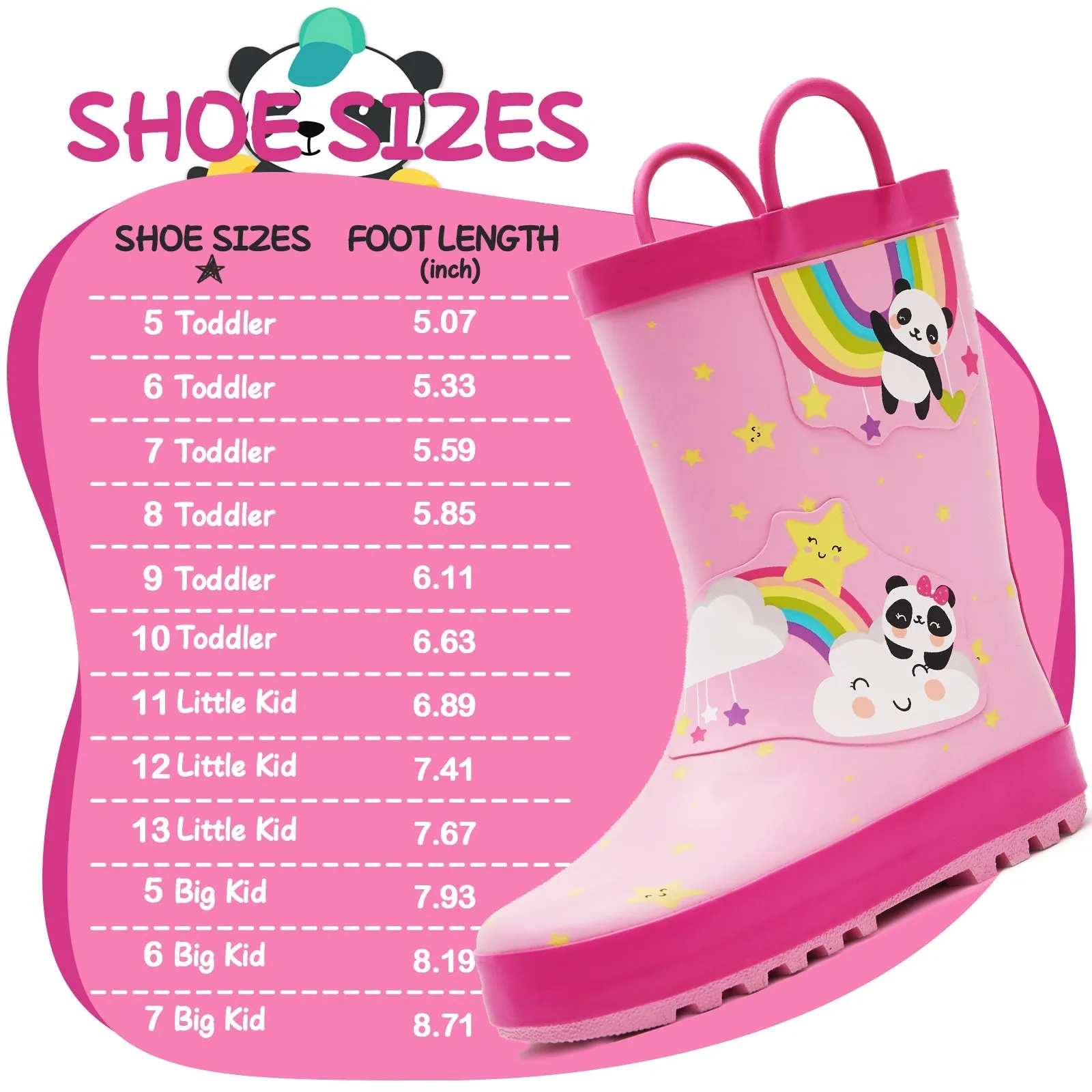 Rainbow Panda Waterproof Pink Rubber Rain Boots