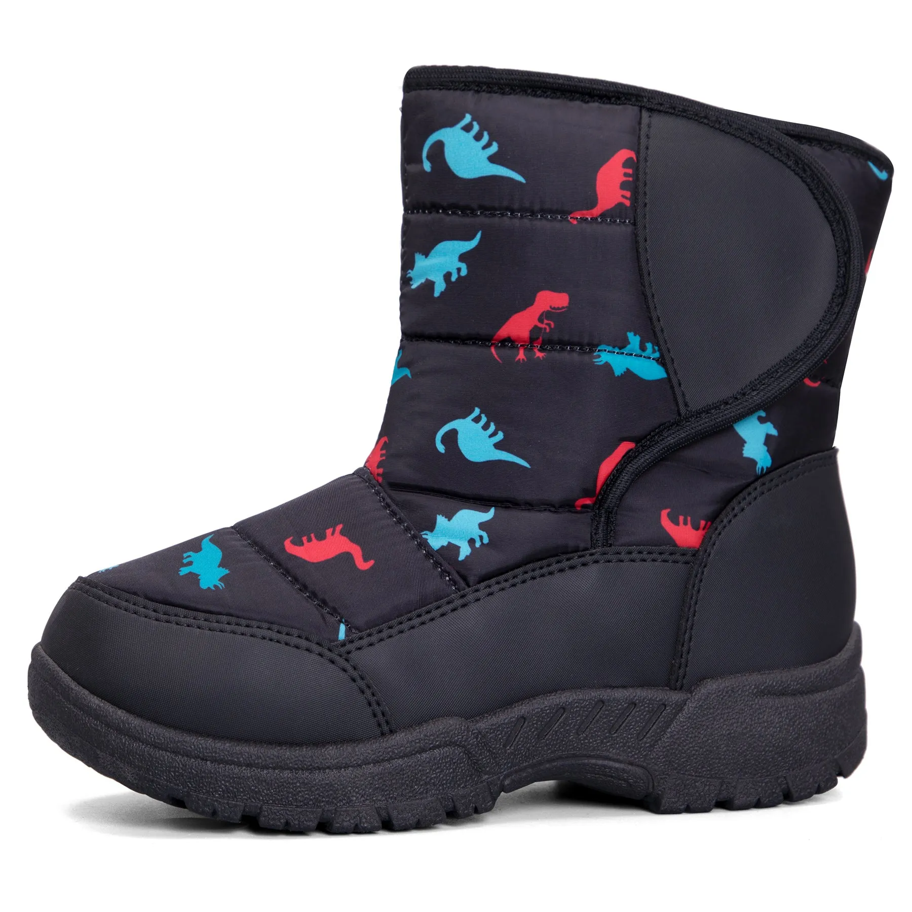 Red Blue Dinosaur Fur Lined Black Snow Boots