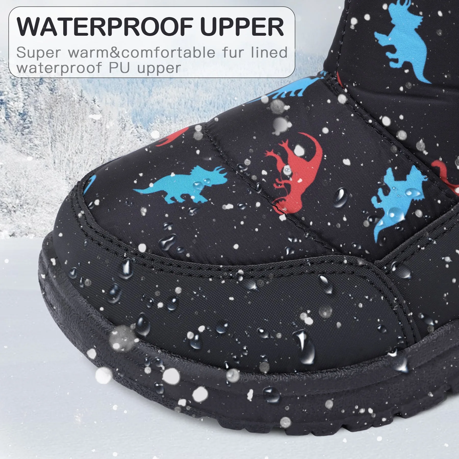 Red Blue Dinosaur Fur Lined Black Snow Boots