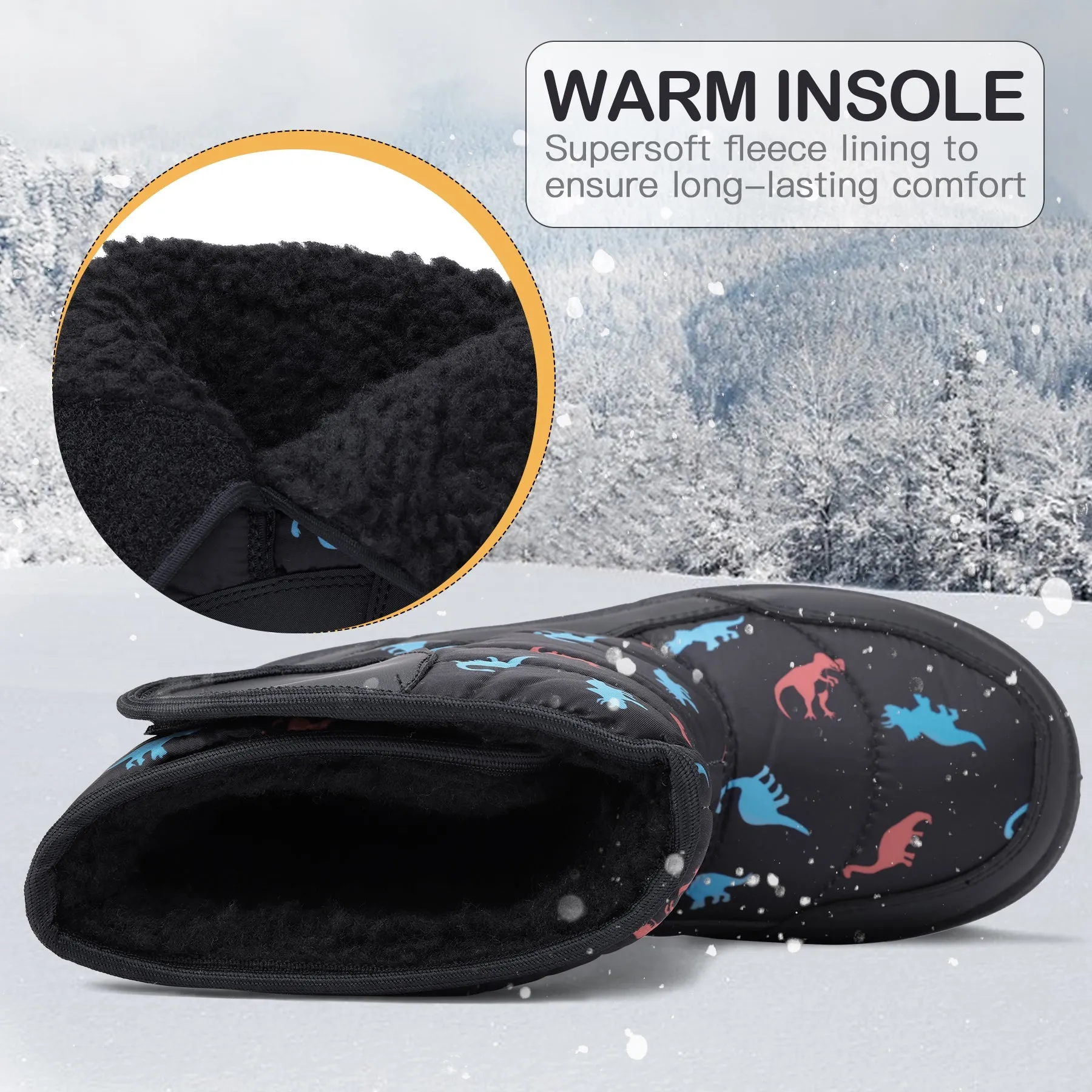 Red Blue Dinosaur Fur Lined Black Snow Boots