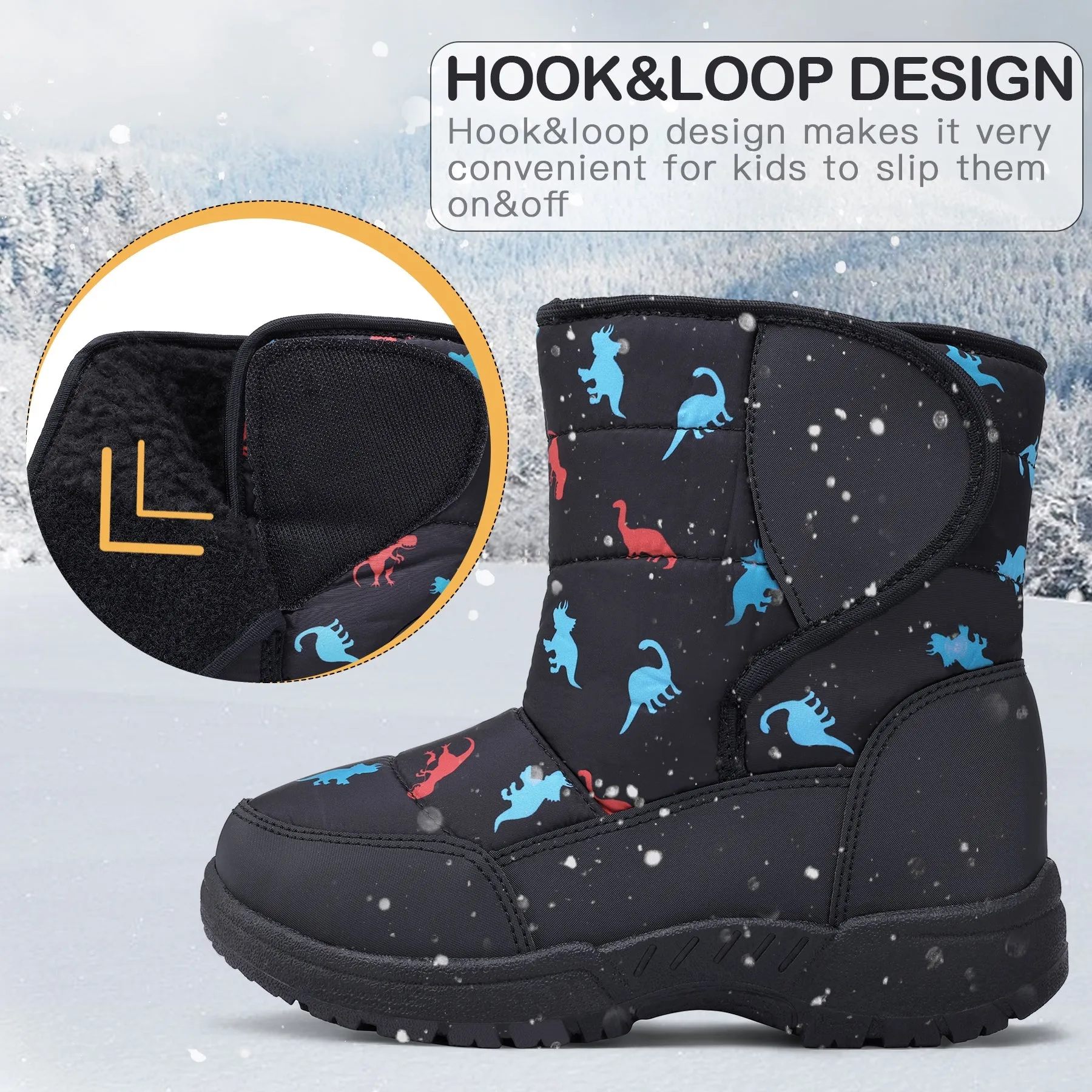 Red Blue Dinosaur Fur Lined Black Snow Boots