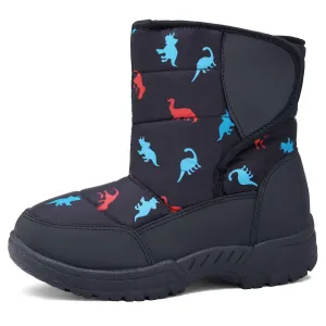 Red Blue Dinosaur Fur Lined Black Snow Boots