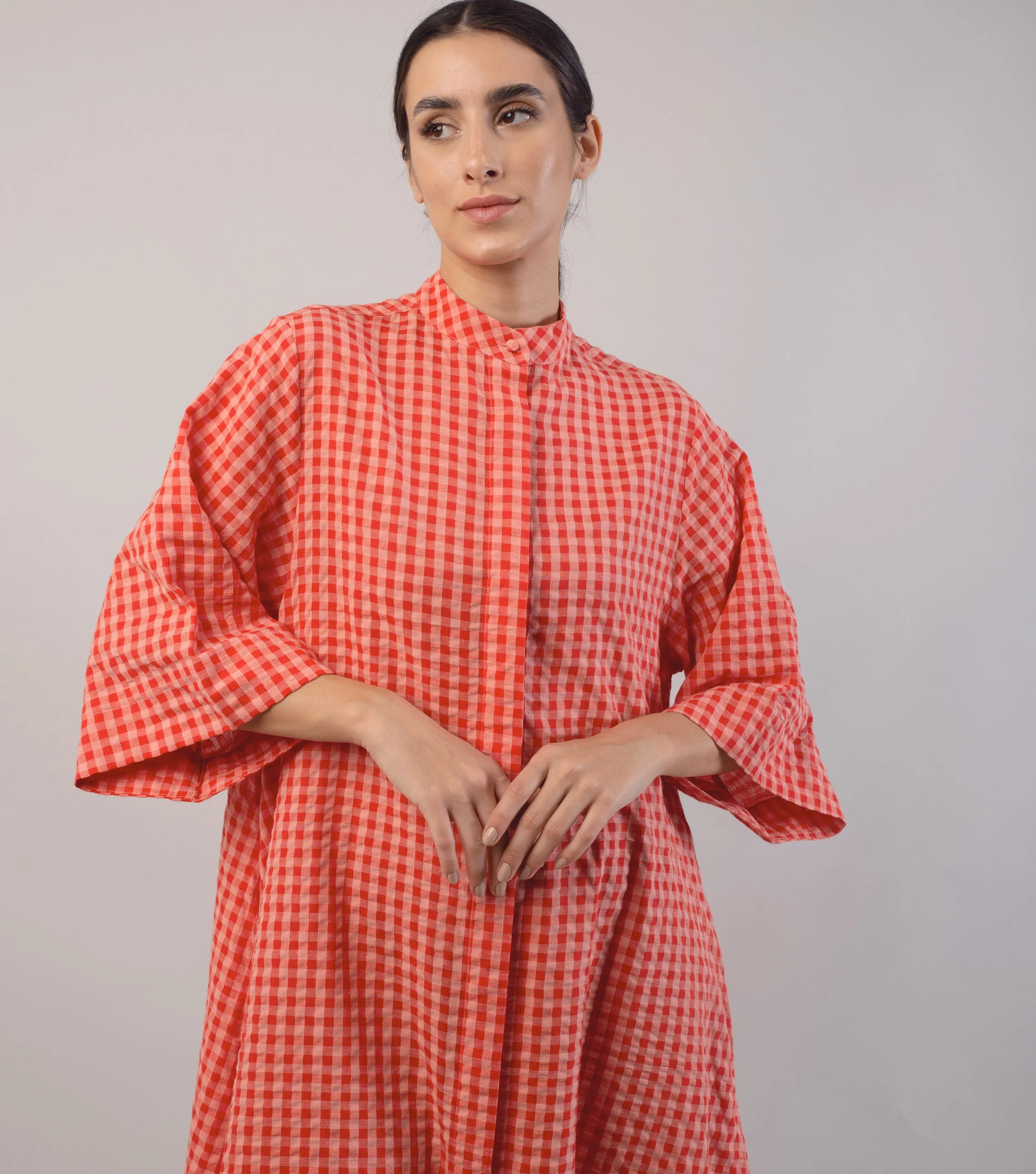 Red Checked Cotton Shirt Dress