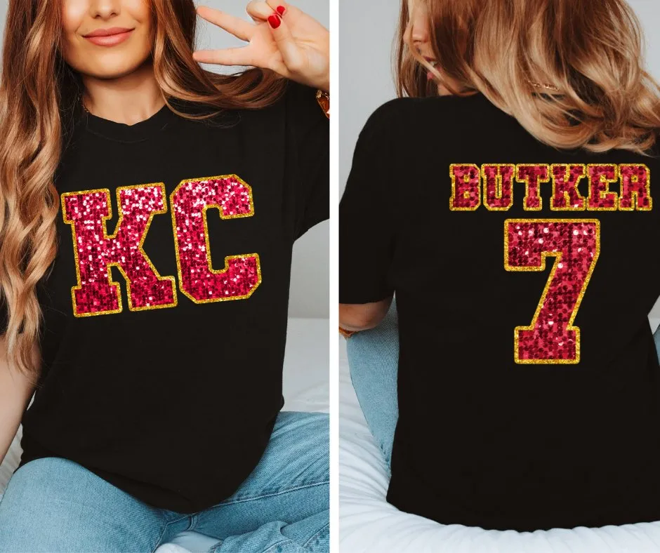 Red Faux Glitter KC Front & BUTKER 7 Back Black Tee (FRONT/BACK)
