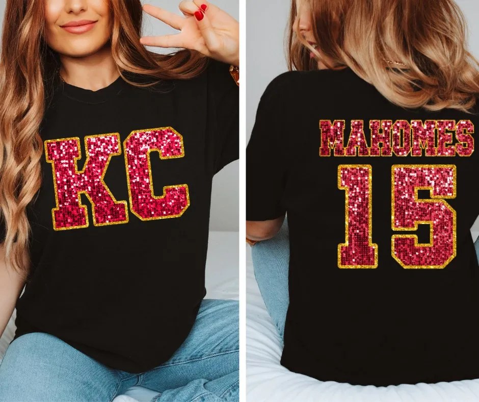 Red Faux Glitter KC Front & MAHOMES 15 Back Black Tee (FRONT/BACK)