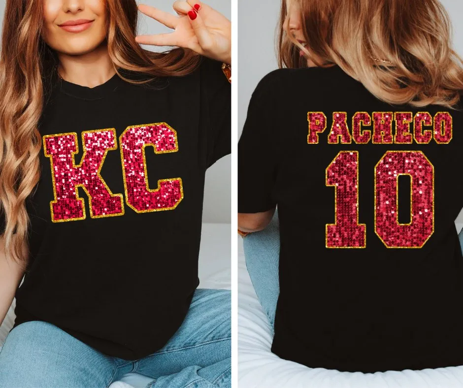 Red Faux Glitter KC Front & PACHECO 10 Back Black Tee (FRONT/BACK)