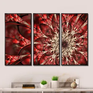 Red Symmetrical Flowers Pattern - 3 Piece Floater Frame Graphic Art on Canvas Red Barrel Studio® Size: 20" H x 36" W Format: Black