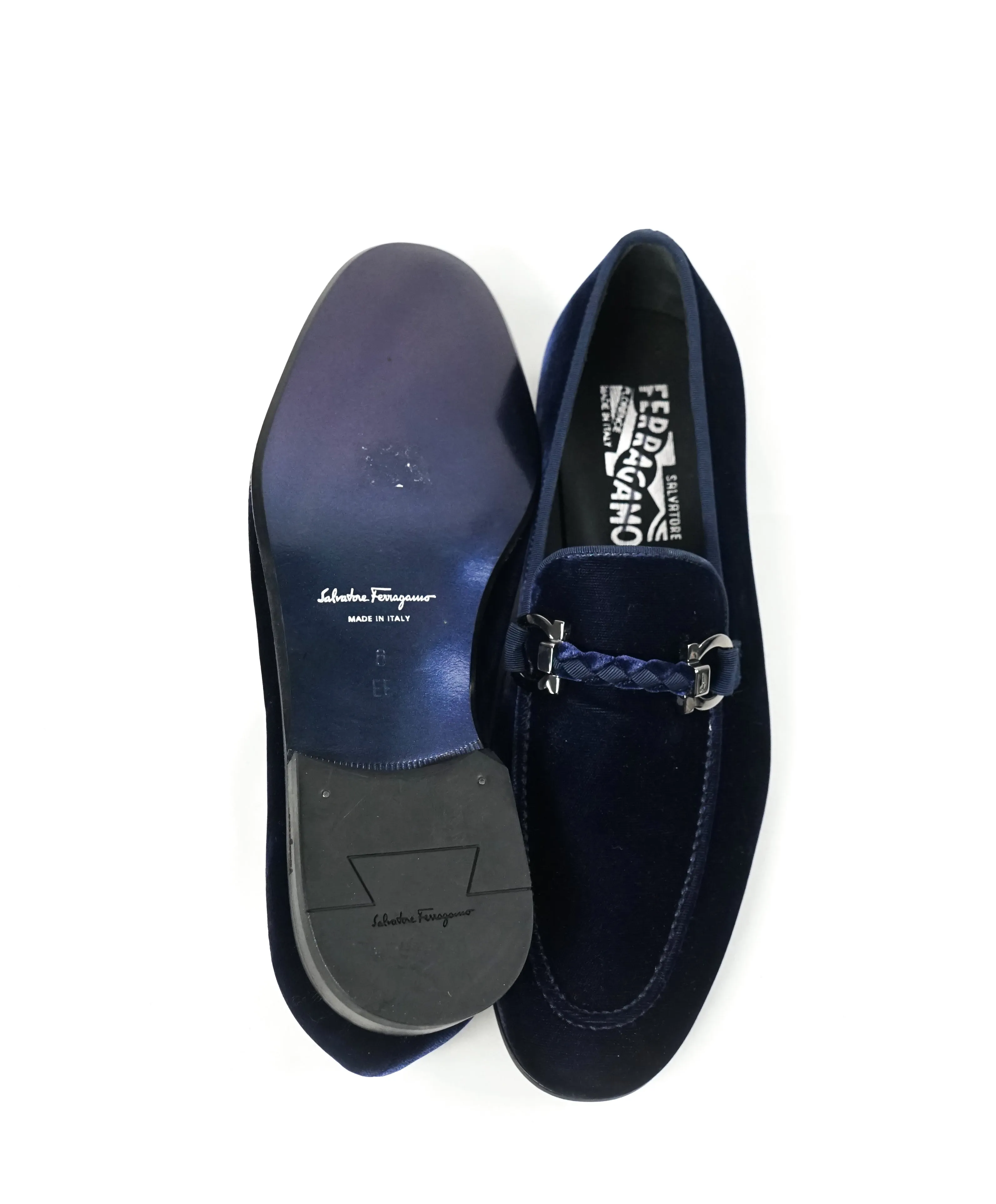 SALVATORE FERRAGAMO - “Roman” Blue Velvet Braided Gancini Bit Loafer - 6EE