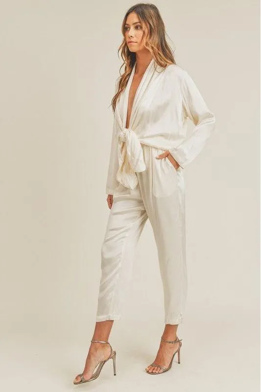 Satin Tie Front Jumpsuit- Ivory